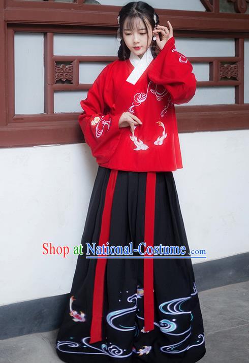 Traditional Ancient Chinese Young Lady Elegant Costume Embroidered Fancy Carp Slant Opening Blouse and Black Slip Skirt Complete Set, Elegant Hanfu Clothing Chinese Ming Dynasty Imperial Princess Clothing for Women