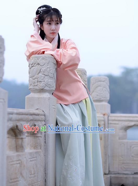 Traditional Ancient Chinese Young Lady Elegant Costume Slant Opening Blouse and Slip Skirt Complete Set, Elegant Hanfu Clothing Chinese Ming Dynasty Imperial Princess Clothing for Women