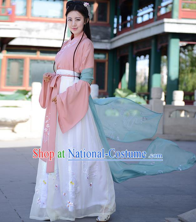 Traditional Ancient Chinese Young Lady Elegant Costume Embroidered Slant Opening Blouse and Slip Skirt Complete Set, Elegant Hanfu Clothing Chinese Tang Dynasty Imperial Princess Clothing for Women