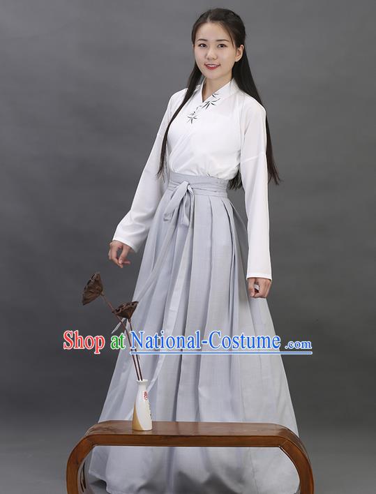 Traditional Ancient Chinese Young Lady Elegant Costume Embroidered Bamboo Slant Opening Blouse and Slip Skirt Complete Set, Elegant Hanfu Clothing Chinese Han Dynasty Imperial Princess Clothing for Women