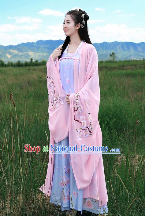 Traditional Ancient Chinese Young Lady Elegant Costume Embroidered Peach Blossom Wide Sleeve Cardigan Slant Opening Blouse and Slip Skirt Complete Set, Elegant Hanfu Clothing Chinese Song Dynasty Imperial Princess Clothing for Women