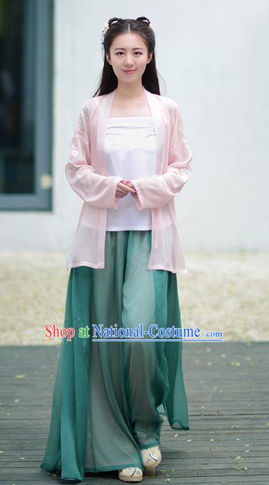 Traditional Ancient Chinese Young Lady Costume Embroidered Cardigan Boob Tube Top and Pants Complete Set, Elegant Hanfu Suits Clothing Chinese Song Dynasty Imperial Princess Dress Clothing for Women