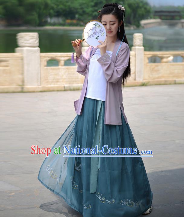 Traditional Ancient Chinese Young Lady Costume Embroidered Cardigan Blouse Boob Tube Top and Slip Skirt Complete Set, Elegant Hanfu Suits Clothing Chinese Song Dynasty Imperial Princess Dress Clothing for Women