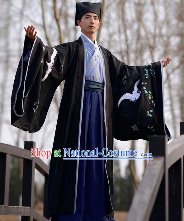 Traditional Ancient Chinese Elegant Costume Embroidered Crane Wide Sleeve Black Cardigan, Elegant Hanfu Clothing Chinese Jin Dynasty Imperial Cloak Clothing for Men