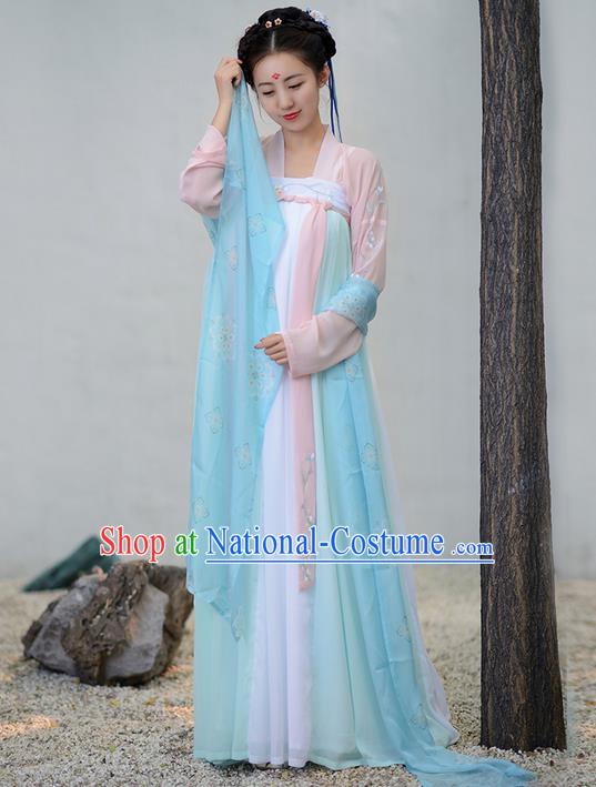 Traditional Ancient Chinese Young Lady Costume Embroidered Blouse and Slip Skirt Complete Set, Elegant Hanfu Suits Clothing Chinese Tang Dynasty Imperial Princess Dress Clothing for Women