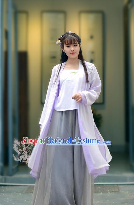 Traditional Ancient Chinese Young Lady Costume Embroidered Purple Cardigan Blouse Boob Tube Top and Slip Skirt Complete Set, Elegant Hanfu Suits Clothing Chinese Song Dynasty Imperial Princess Dress Clothing for Women