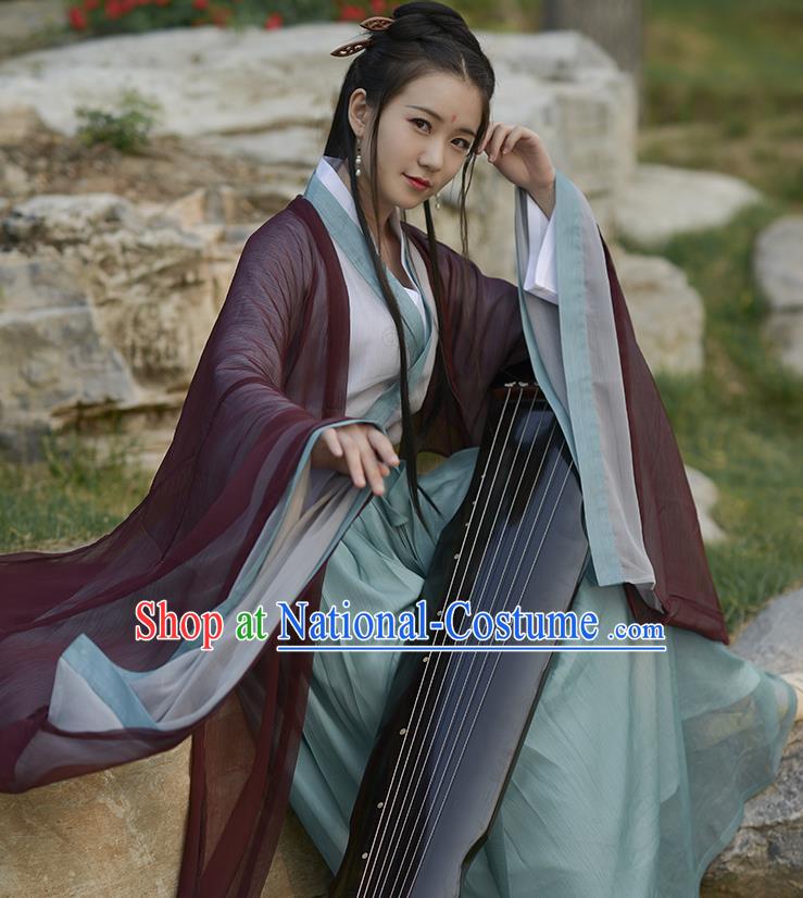 Traditional Ancient Chinese Elegant Costume Wide Sleeve Cardigan Slant Opening Blouse and Slip Skirt Complete Set, Elegant Hanfu Clothing Chinese Jin Dynasty Imperial Princess Clothing for Women