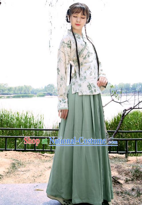 Traditional Ancient Chinese Young Lady Elegant Costume Linen Slant Opening Blouse and Slip Skirt Complete Set, Elegant Hanfu Clothing Chinese Ming Dynasty Imperial Princess Clothing for Women