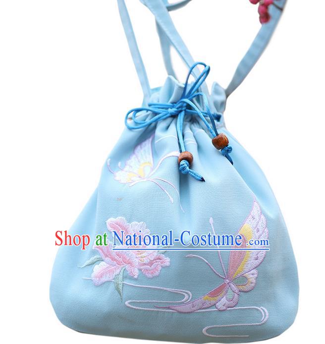 Traditional Ancient Chinese Young Lady Elegant Embroidered Butterfly Blue Handbags Cloth Bags for Women