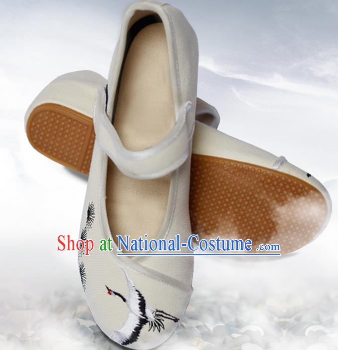 Traditional Chinese Ancient Shoes, China Handmade Embroidered Crane Beige Shoes, Ancient Princess Shoes for Women