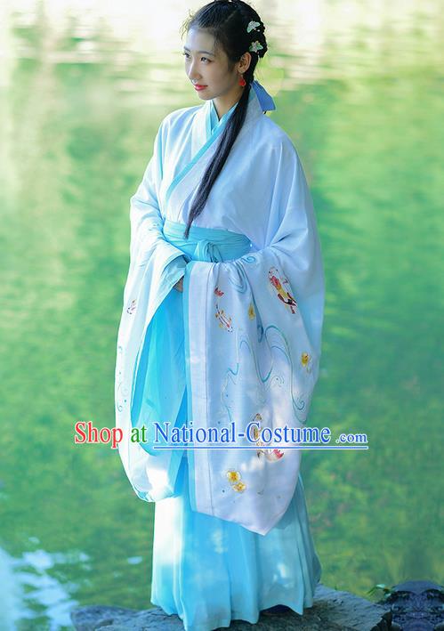 Traditional Ancient Chinese Young Lady Costume Embroidered White Song Fringing and Belt, Elegant Hanfu Curving-Front Unlined Garment Dress Chinese Han Dynasty Imperial Princess Dress Clothing for Women