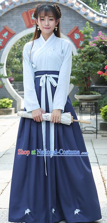 Traditional Ancient Chinese Costume, Elegant Hanfu Clothing Embroidered Slant Opening Blue Blouse and Slip Dress Complete Set, China Han Dynasty Princess Elegant Clothing for Women