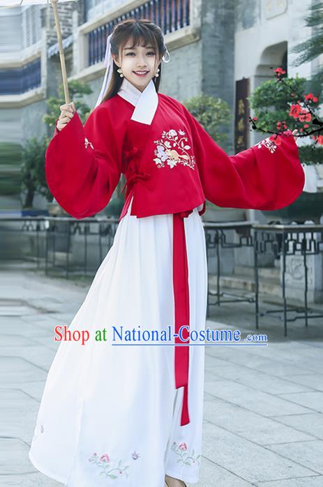 Traditional Ancient Chinese Young Lady Costume Embroidered Red Slant Opening Blouse and Slip Skirt, Elegant Hanfu Suits Clothing Chinese Ming Dynasty Imperial Princess Dress Clothing for Women