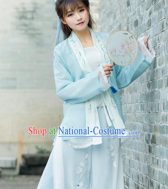 Traditional Ancient Chinese Young Lady Costume Embroidered BeiZi Blue Cardigan, Elegant Hanfu Cloak Clothing Chinese Ming Dynasty Imperial Princess Dress Clothing for Women