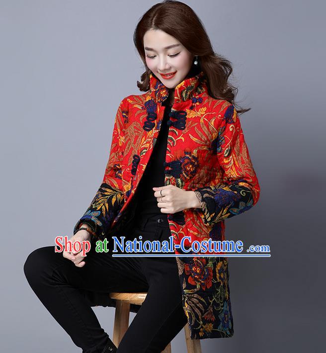 Traditional Chinese National Costume, Elegant Hanfu Stand Collar Cotton-padded Red Coat, China Tang Suit Plated Buttons Coats, Upper Outer Garment Jacket Clothing for Women