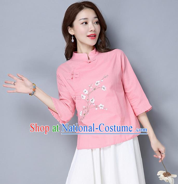 Traditional Chinese National Costume, Elegant Hanfu Pink Slant Opening Stand Collar Blouse, China Tang Suit Retro Plated Buttons Chirpaur Blouse Cheong-sam Upper Outer Garment Qipao Shirts Clothing for Women