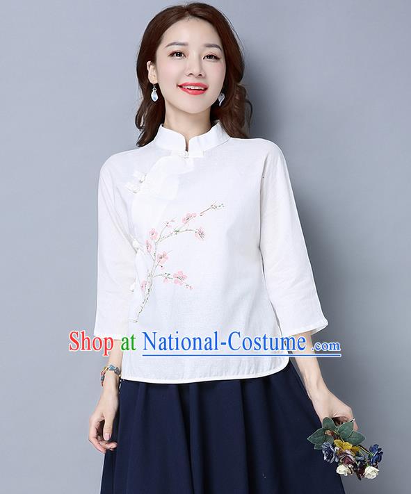 Traditional Chinese National Costume, Elegant Hanfu White Slant Opening Stand Collar Blouse, China Tang Suit Retro Plated Buttons Chirpaur Blouse Cheong-sam Upper Outer Garment Qipao Shirts Clothing for Women