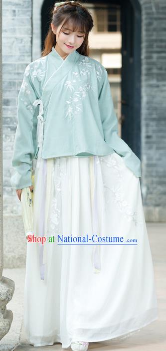 Traditional Ancient Chinese Young Lady Costume Embroidered Slant Opening Blouse and Slip Skirt Complete Set, Elegant Hanfu Suits Clothing Chinese Ming Dynasty Imperial Princess Dress Clothing for Women