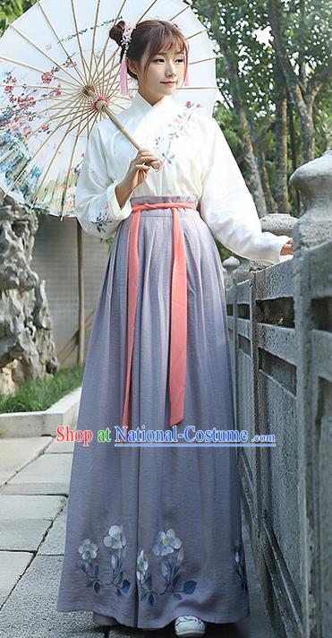 Traditional Ancient Chinese Young Lady Costume Embroidered Blouse and Grey Slip Skirt Complete Set, Elegant Hanfu Suits Clothing Chinese Ming Dynasty Imperial Princess Dress Clothing for Women