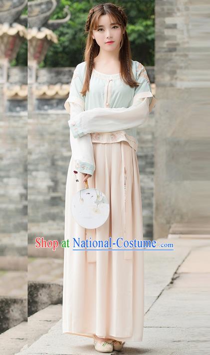 Traditional Ancient Chinese Young Lady Costume Embroidered Half-Sleeves Blouse and Slip Skirt, Elegant Hanfu Suits Clothing Chinese Ming Dynasty Imperial Princess Dress Clothing for Women