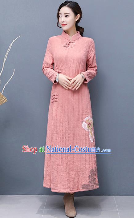 Traditional Ancient Chinese National Costume, Elegant Hanfu Mandarin Qipao Linen Hand Painting Pink Dress, China Tang Suit Chirpaur Republic of China Cheongsam Upper Outer Garment Elegant Dress Clothing for Women