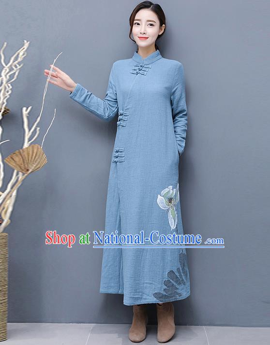 Traditional Ancient Chinese National Costume, Elegant Hanfu Mandarin Qipao Linen Hand Painting Blue Dress, China Tang Suit Chirpaur Republic of China Cheongsam Upper Outer Garment Elegant Dress Clothing for Women