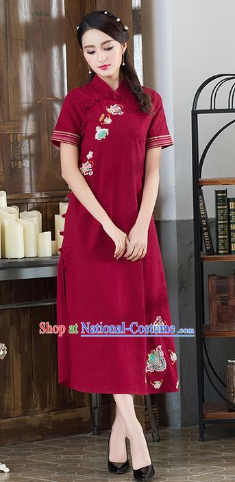 Traditional Ancient Chinese National Costume, Elegant Hanfu Mandarin Qipao Embroidered Red Dress, China Tang Suit Cheongsam Upper Outer Garment Elegant Dress Clothing for Women