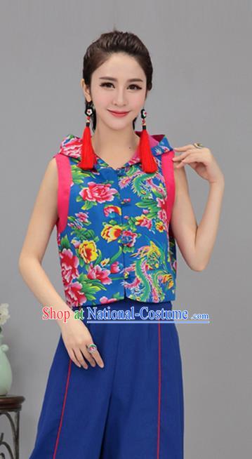 Traditional Chinese National Costume, Elegant Hanfu Vests Blue Shirt, China Tang Suit Plated Buttons Chirpaur Blouse Cheong-sam Upper Outer Garment Qipao Shirts Vest Clothing for Women