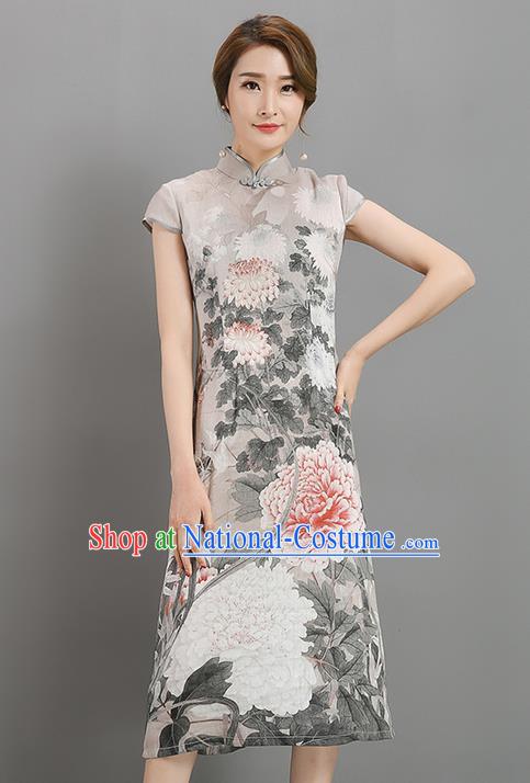 Traditional Ancient Chinese National Costume, Elegant Hanfu Mandarin Qipao Linen Printing Dress, China Tang Suit Chirpaur Republic of China Cheongsam Garment Elegant Dress Clothing for Women