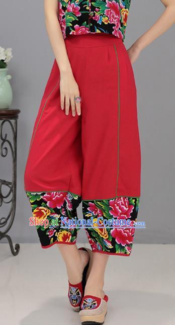 Traditional Chinese National Costume Northeast Cloth Plus Fours, Elegant Hanfu Printing Peony Red Bloomers, China Ethnic Minorities Tang Suit Pantalettes for Women