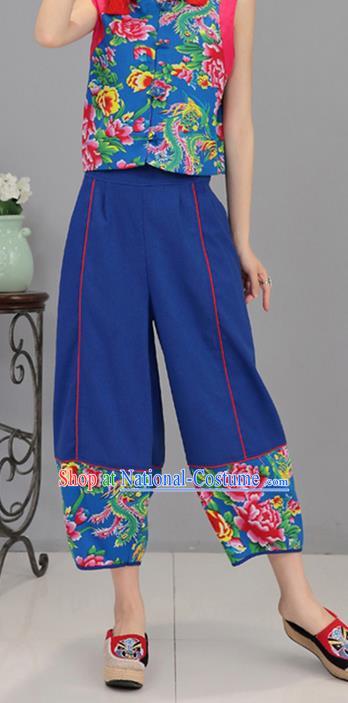 Traditional Chinese National Costume Northeast Cloth Plus Fours, Elegant Hanfu Printing Peony Blue Bloomers, China Ethnic Minorities Tang Suit Pantalettes for Women