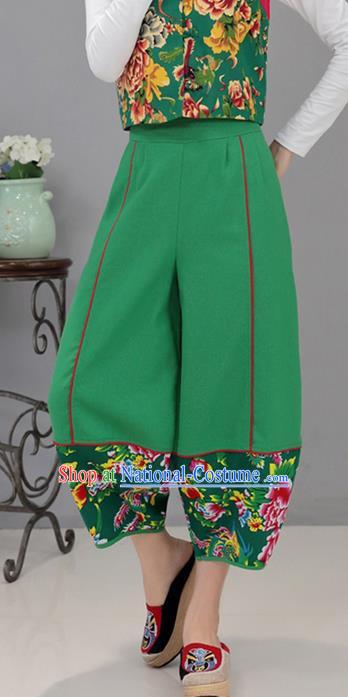 Traditional Chinese National Costume Northeast Cloth Plus Fours, Elegant Hanfu Printing Peony Green Bloomers, China Ethnic Minorities Tang Suit Pantalettes for Women