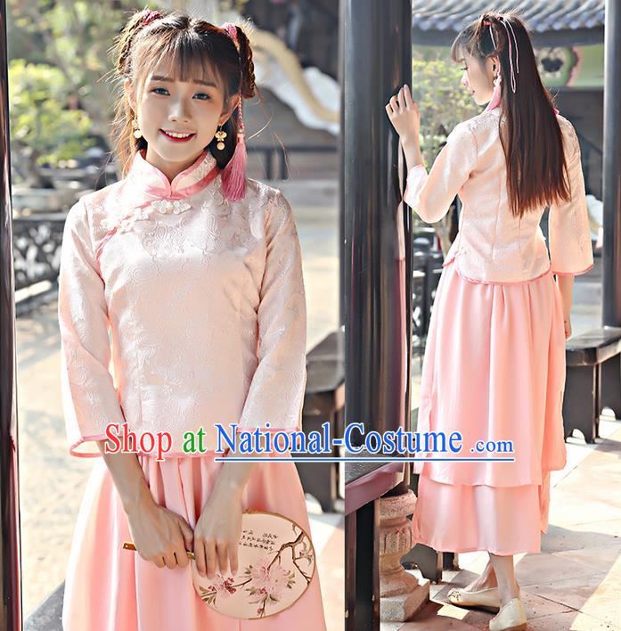 Traditional Ancient Chinese Young Women Cheongsam Dress Republic of China Tangsuit Stand Collar Blouse Dress Tang Suit Clothing for Women