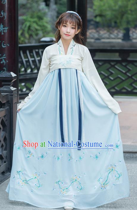 Traditional Ancient Chinese Young Lady Costume Embroidered Blouse and Blue Slip Skirt Complete Set, Elegant Hanfu Suits Clothing Chinese Tang Dynasty Imperial Princess Dress Clothing for Women