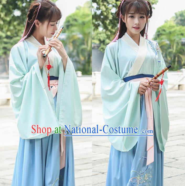 Traditional Ancient Chinese Young Lady Costume Embroidered Wide Sleeve Cardigan Blouse Belt and Slip Skirt Complete Set, Elegant Hanfu Suits Clothing Chinese Tang Dynasty Imperial Princess Dress Clothing for Women