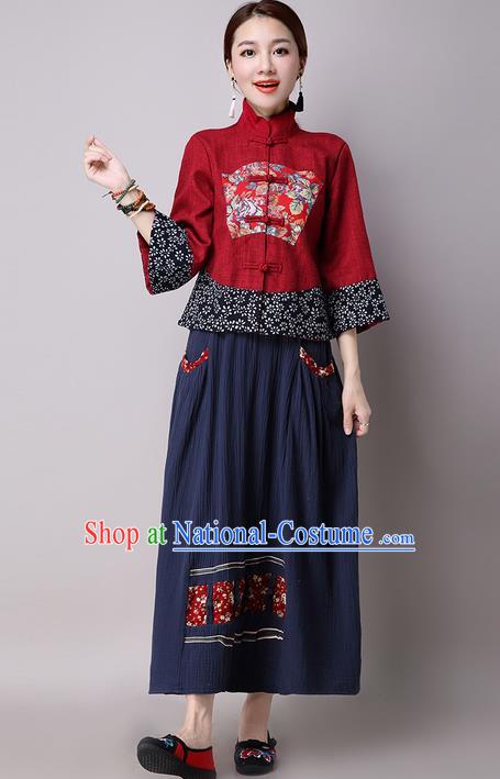 Traditional Ancient Chinese National Costume, Elegant Hanfu Embroidered Red Coat, China Tang Suit Plated Buttons Jacket, Upper Outer Garment Blouse Shirts Clothing for Women