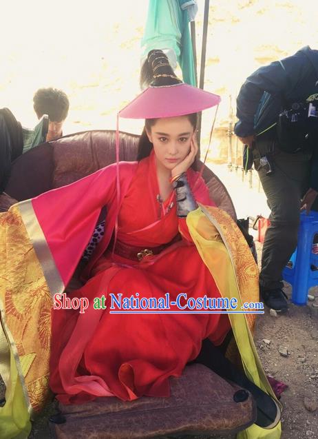 Traditional Ancient Chinese Chivalrous Swordswoman Costume and Bamboo Hat Complete Set, Chinese Ming Dynasty Chivalrous Woman Red Dress, Cosplay Chinese Television Drama Vagabondize Heroine Hanfu Trailing Embroidery Clothing for Women