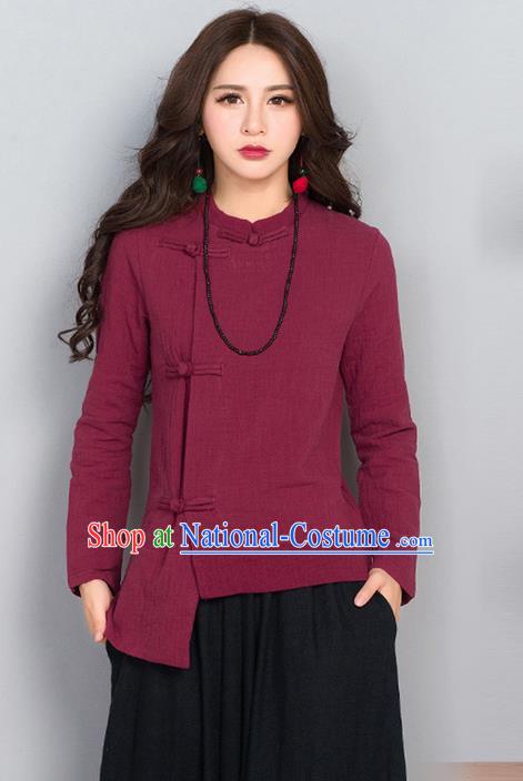 Traditional Chinese National Costume, Elegant Hanfu Linen Slant Opening Red T-Shirt, China Tang Suit Republic of China Plated Buttons Chirpaur Blouse Cheong-sam Upper Outer Garment Qipao Shirts Clothing for Women