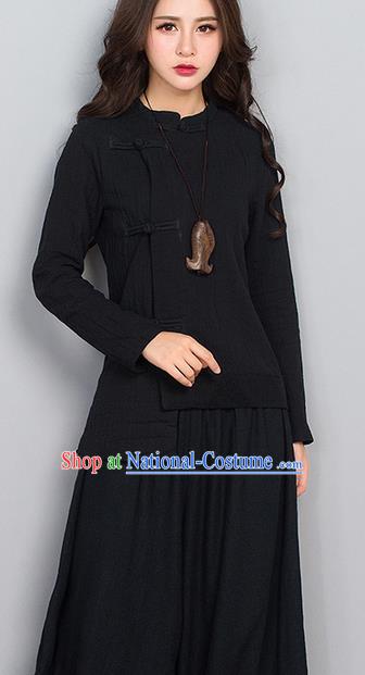 Traditional Chinese National Costume, Elegant Hanfu Linen Slant Opening Black T-Shirt, China Tang Suit Republic of China Plated Buttons Chirpaur Blouse Cheong-sam Upper Outer Garment Qipao Shirts Clothing for Women