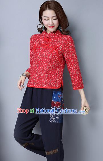 Traditional Chinese National Costume, Elegant Hanfu Embroidery Flowers Slant Opening Red Shirt, China Tang Suit Plated Buttons Chirpaur Blouse Cheong-sam Upper Outer Garment Qipao Shirts Clothing for Women