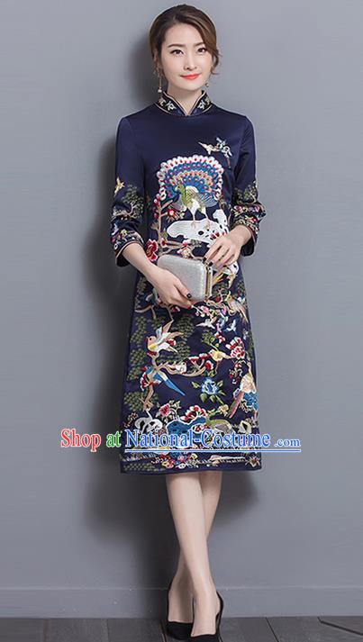 Traditional Ancient Chinese National Costume, Elegant Hanfu Mandarin Qipao Linen Printing Navy Dress, China Tang Suit Chirpaur Republic of China Cheongsam Upper Outer Garment Elegant Dress Clothing for Women