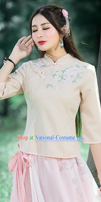 Traditional Chinese National Costume, Elegant Hanfu Embroidery Flowers Slant Opening Apricot Blouses, China Tang Suit Republic of China Plated Buttons Chirpaur Blouse Cheong-sam Upper Outer Garment Qipao Shirts Clothing for Women