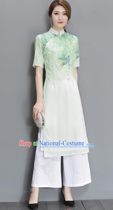 Traditional Ancient Chinese National Costume, Elegant Hanfu Mandarin Qipao Dress and Loose Pants Complete Set, China Tang Suit Chirpaur Republic of China Cheongsam Upper Outer Garment Elegant Dress Clothing for Women