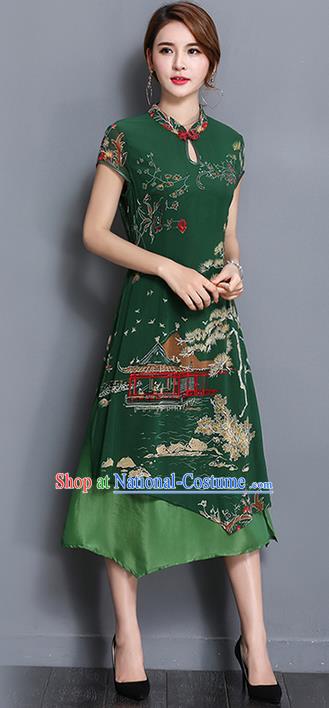 Traditional Ancient Chinese National Costume, Elegant Hanfu Mandarin Qipao Printing Green Dress, China Tang Suit Chirpaur Republic of China Cheongsam Upper Outer Garment Elegant Dress Clothing for Women