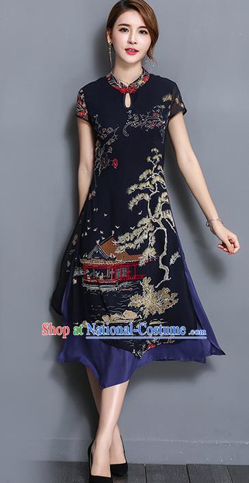 Traditional Ancient Chinese National Costume, Elegant Hanfu Mandarin Qipao Printing Navy Dress, China Tang Suit Chirpaur Republic of China Cheongsam Upper Outer Garment Elegant Dress Clothing for Women