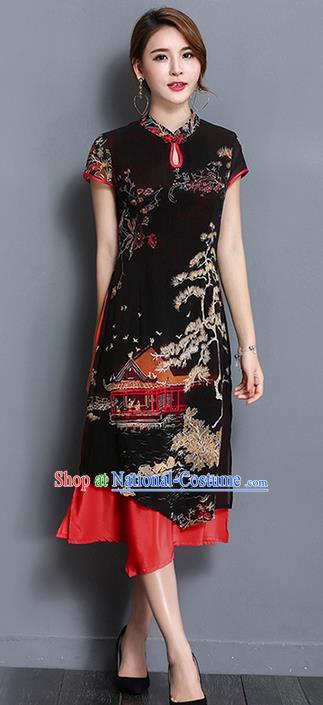 Traditional Ancient Chinese National Costume, Elegant Hanfu Mandarin Qipao Printing Black Dress, China Tang Suit Chirpaur Republic of China Cheongsam Upper Outer Garment Elegant Dress Clothing for Women