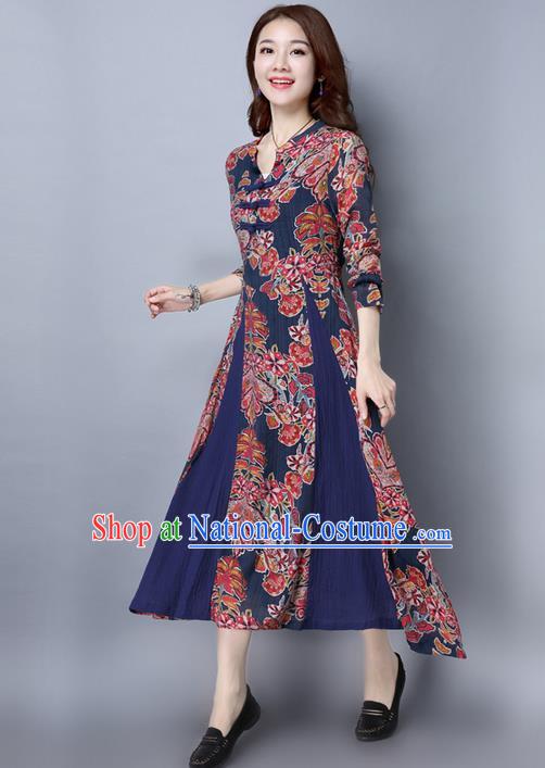 Traditional Chinese National Costume, Elegant Hanfu Embroidery Stand Collar Navy Dress, China Tang Suit Cheongsam Upper Outer Garment Elegant Dress Clothing for Women