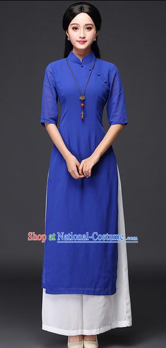 Traditional Chinese National Costume, Elegant Hanfu Embroidery EheonBsam Stand Collar Blue Ao Dai Dress, China Tang Suit Cheongsam Upper Outer Garment Elegant Dress Clothing for Women