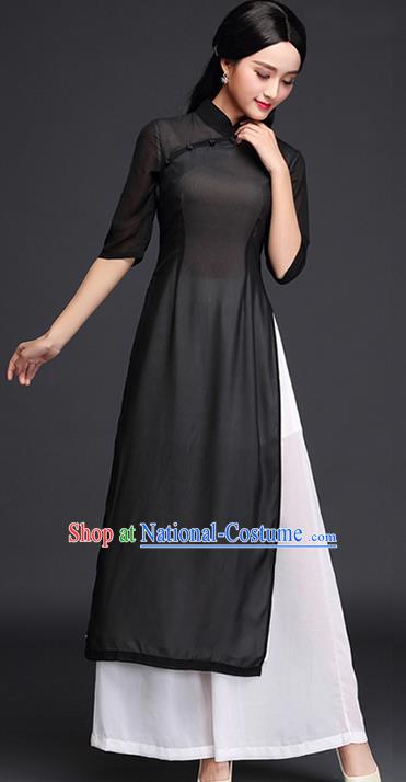 Traditional Chinese National Costume, Elegant Hanfu Embroidery EheonBsam Stand Collar Black Ao Dai Dress, China Tang Suit Cheongsam Upper Outer Garment Elegant Dress Clothing for Women