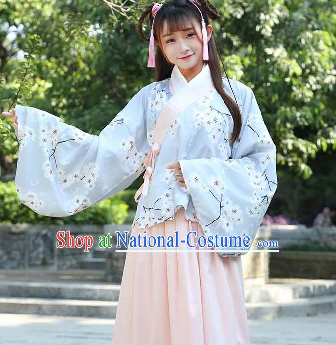 Traditional Ancient Chinese Young Lady Costume Printing Slant Opening Blouse and Slip Skirt Complete Set, Elegant Hanfu Suits Clothing Chinese Ming Dynasty Imperial Princess Dress Clothing for Women